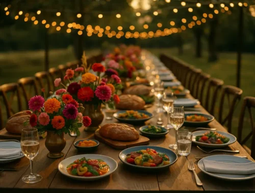 Wedding Catering Trends table with shared plates, seasonal produce, and elegant glassware