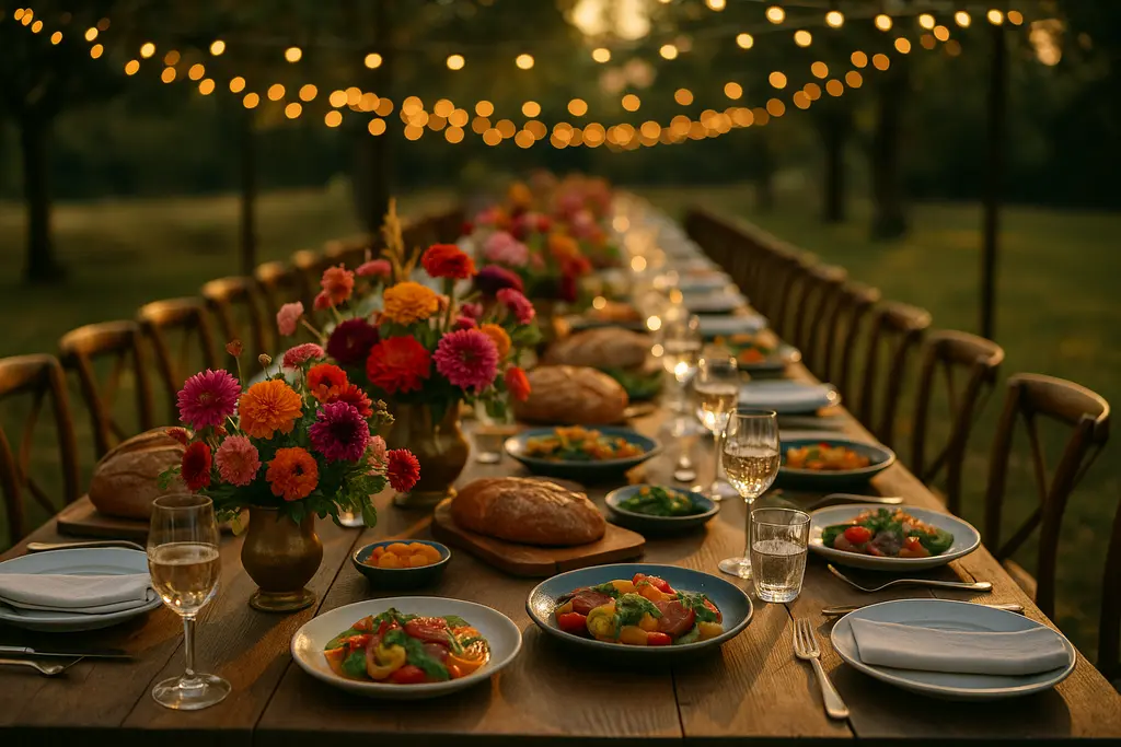 Wedding Catering Trends table with shared plates, seasonal produce, and elegant glassware