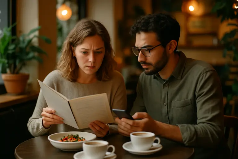 A diner reading a brunch menu beside a cup of coffee