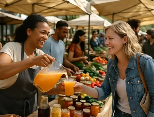 Arizona Farmers Markets vendor table with iced drinks and produce in morning shade