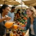 Arizona Farmers Markets vendor table with iced drinks and produce in morning shade