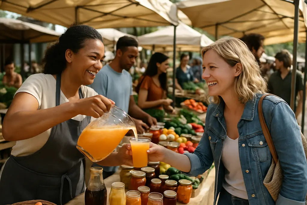 Arizona Farmers Markets vendor table with iced drinks and produce in morning shade
