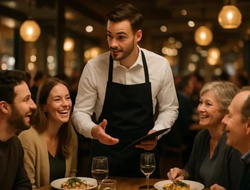 attentive service in a warm restaurant dining room with guests seated at tables