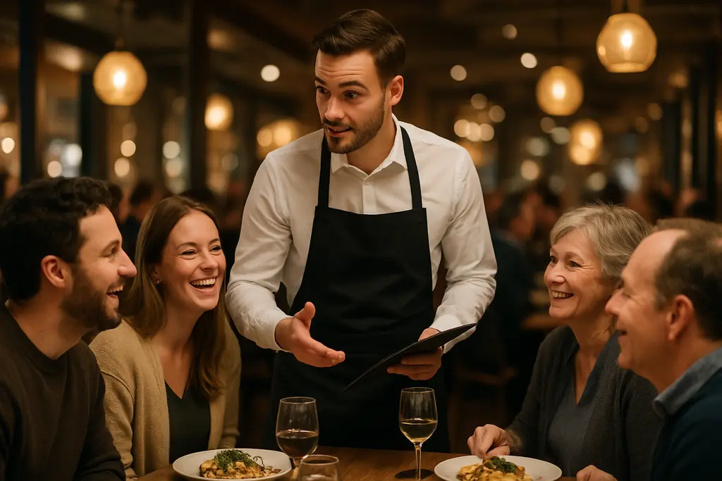 attentive service in a warm restaurant dining room with guests seated at tables