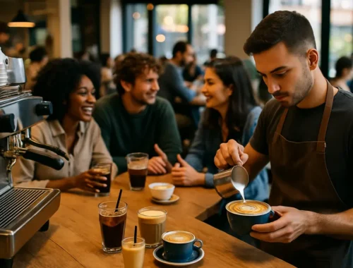 Beverage Trends 2026 coffee and low-sugar drinks on a cafe table