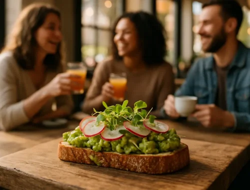 Boston Brunch Openings plates on a cafe table with coffee and fruit