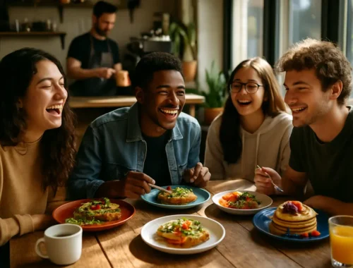 Campus dining trends shown through small brunch plates and tea on a cafe table