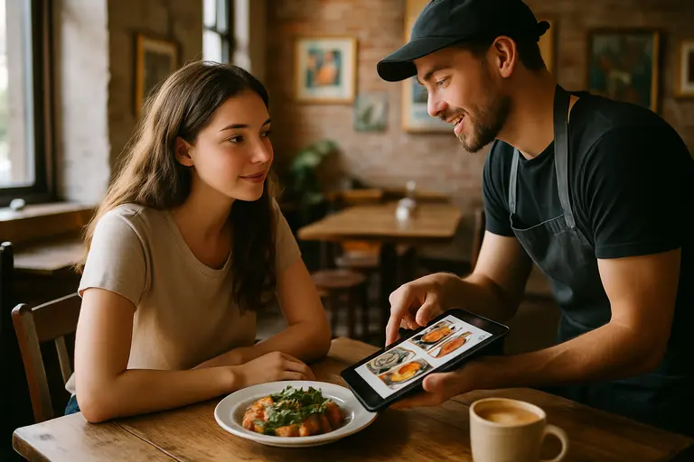 diners reviewing a phone menu while takeout containers sit on a table