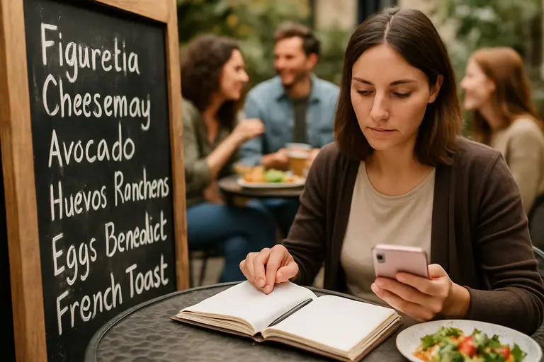 Notebook with brunch plans beside a phone and pastry