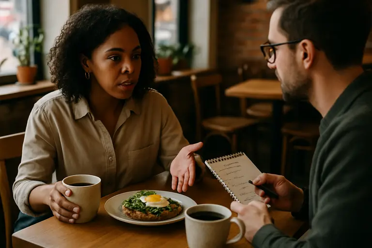 Host taking notes while speaking with a chef in a home kitchen
