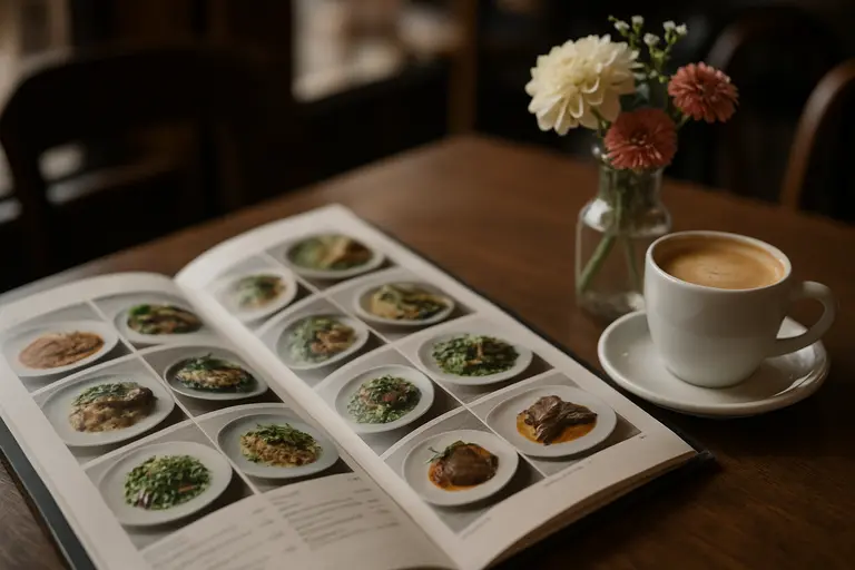 Open restaurant menu beside a cup of coffee and a small vase of flowers