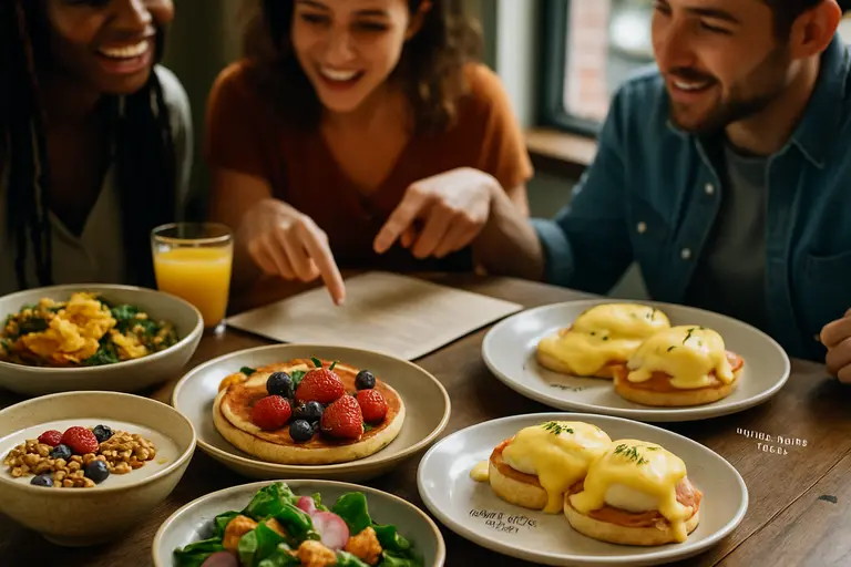 Brunch menu beside a latte and small bowl of fruit