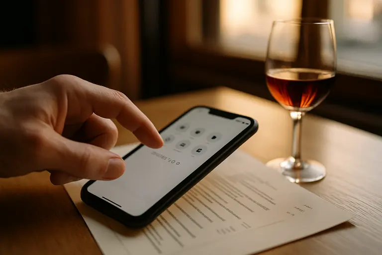 Reservation notebook beside a menu and water glasses on a dining table