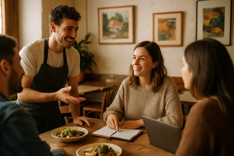 Diners reading a seasonal menu at a wood table