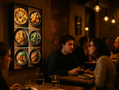 Digital Menu Boards above a cafe counter as diners review choices
