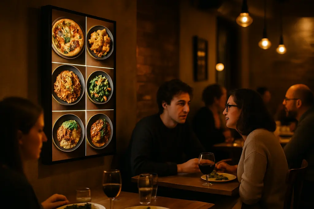 Digital Menu Boards above a cafe counter as diners review choices
