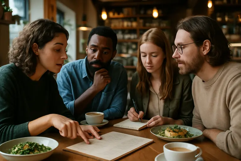 Diner reviewing a menu and reservation notes before a restaurant meal