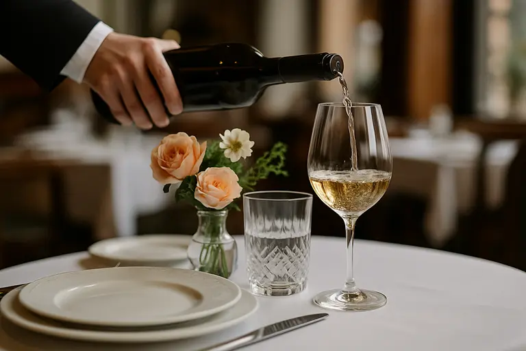 Dining table set with glassware, folded napkins, and low evening light