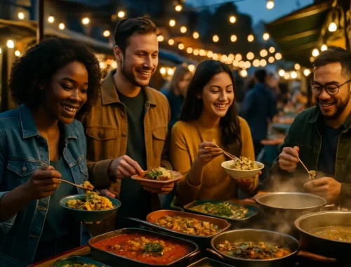 Global comfort food plate with fried chicken, noodles, herbs, and a spiced sauce