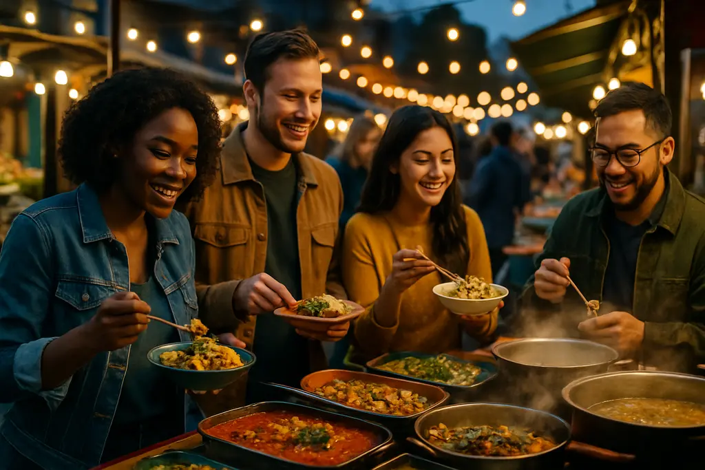 Global comfort food plate with fried chicken, noodles, herbs, and a spiced sauce
