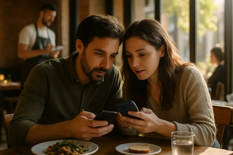 Guest checking reservation details at a cafe table with coffee