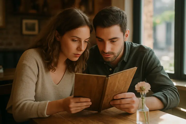 Person reviewing a restaurant menu at a small wooden table