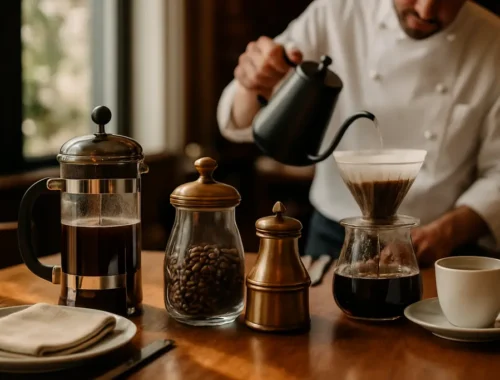 Personal Chef Houston planning notebook beside coffee cups and place settings