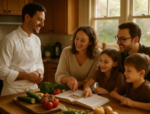 Notebook of private chef questions beside a plated family-style dinner