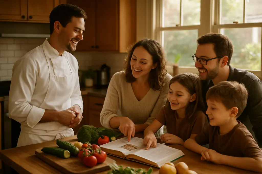 Notebook of private chef questions beside a plated family-style dinner