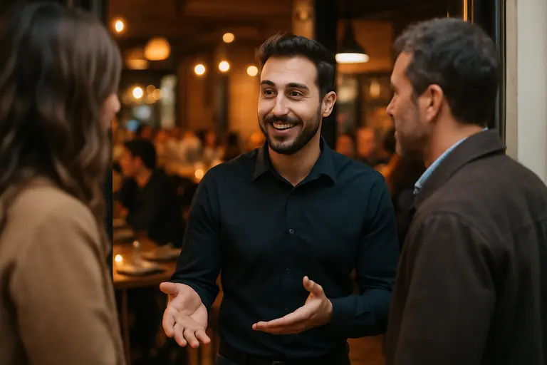 Restaurant host greeting guests near a small entry table