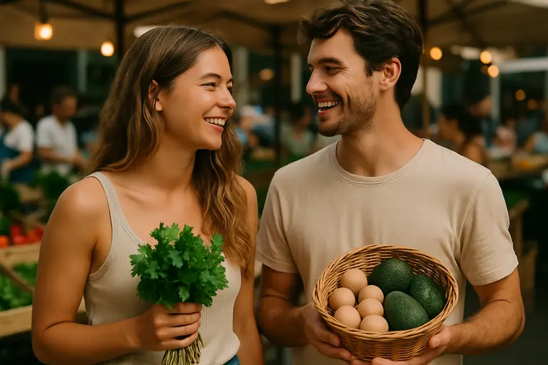 Server carrying brunch plates with vegetables, toast, and fruit at a casual café