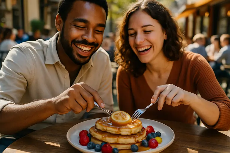 Shared brunch spread with eggs, toast, dumplings, and pastries