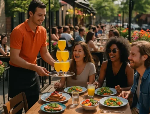 Summer Restaurant Weeks brunch table with coffee and shared plates