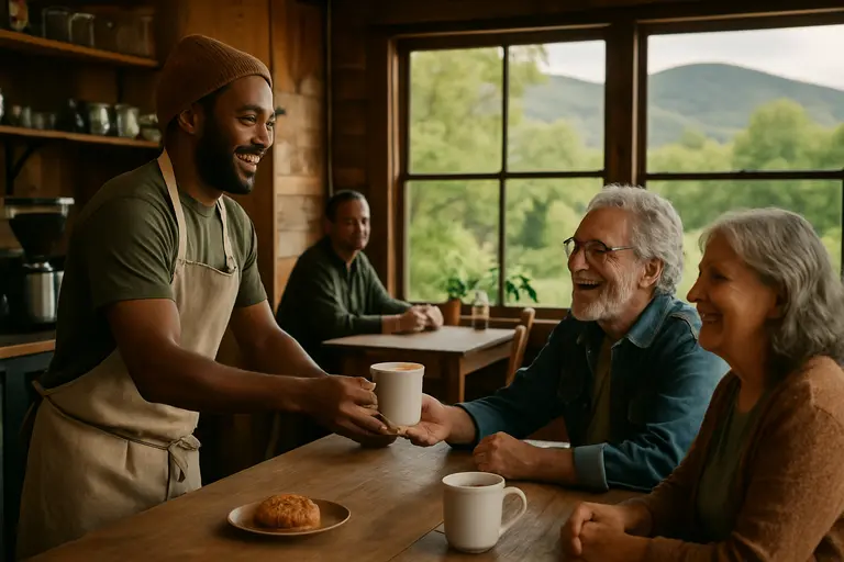 Two diners reviewing a cafe drink menu before brunch