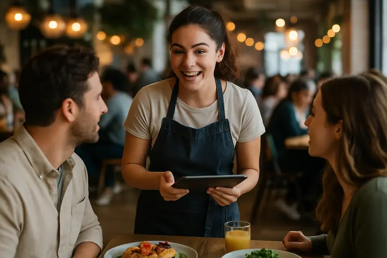 A diner checking a brunch menu beside coffee and a notebook
