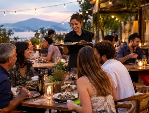 Affordable Dining table with shared plates and coffee in a casual Hudson Valley cafe