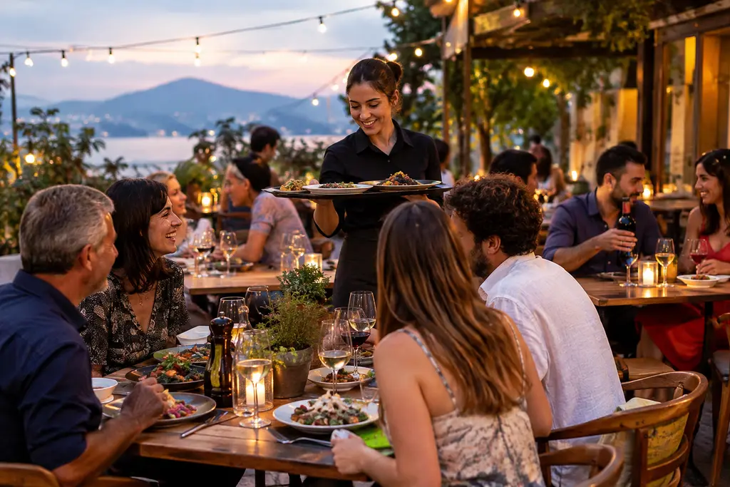 Affordable Dining table with shared plates and coffee in a casual Hudson Valley cafe