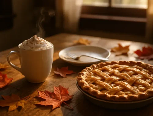 autumn brunch menus with squash, cider, pancakes, and coffee on a cafe table