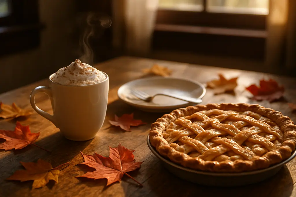 autumn brunch menus with squash, cider, pancakes, and coffee on a cafe table