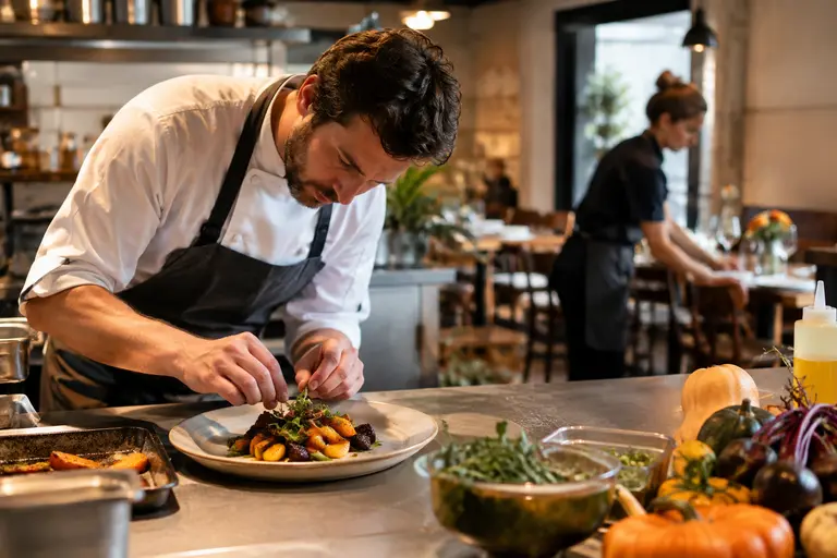 Autumn restaurant table with small plates, glasses, and seasonal decor