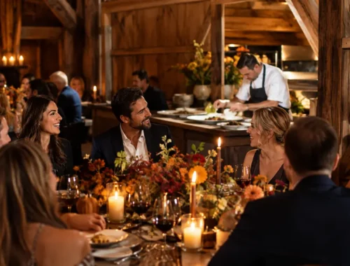 Bon Ami pop-up style table with shared plates, candles, and wine glasses
