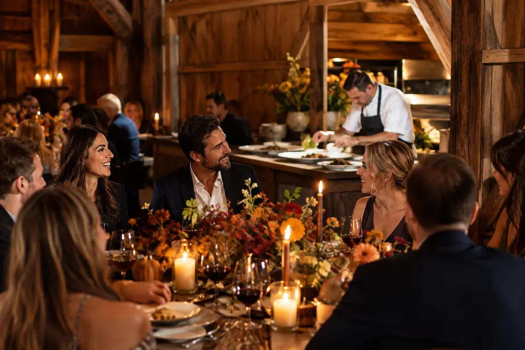 Bon Ami pop-up style table with shared plates, candles, and wine glasses