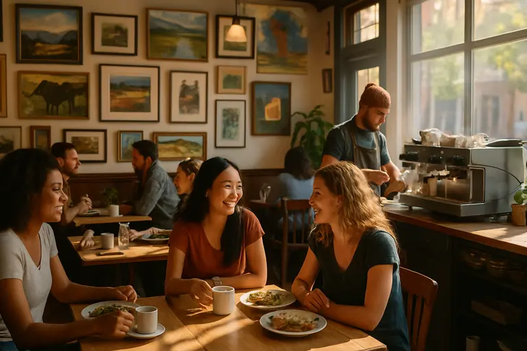 Cafe table with coffee, menu, and notebook near a window