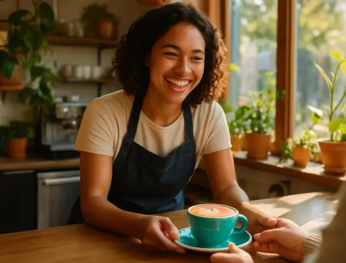 Cheerful coffee spaces with warm seating and cups on a cafe table