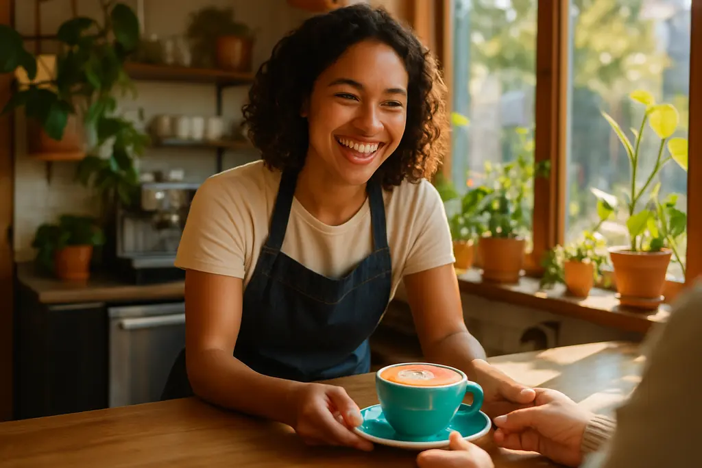 Cheerful coffee spaces with warm seating and cups on a cafe table