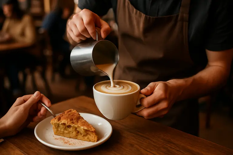 Coffee cup beside a warm fruit dessert and spoon on a restaurant table