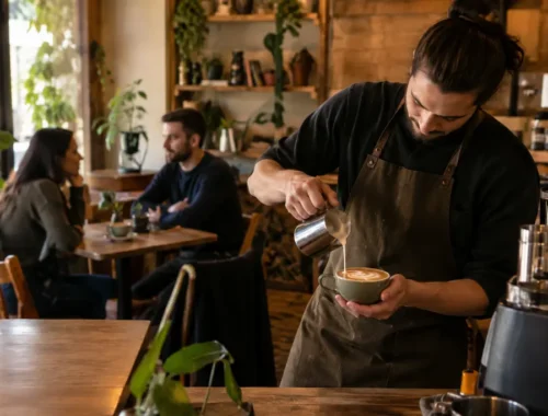 Coffee Shop Ambiance with warm tables and a quiet espresso bar