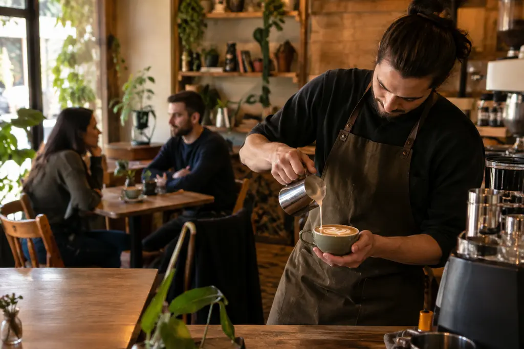 Coffee Shop Ambiance with warm tables and a quiet espresso bar