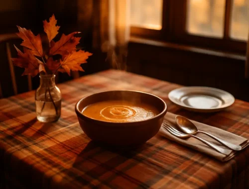 comfort food tasting menus with warm fall courses and coffee on a dining table