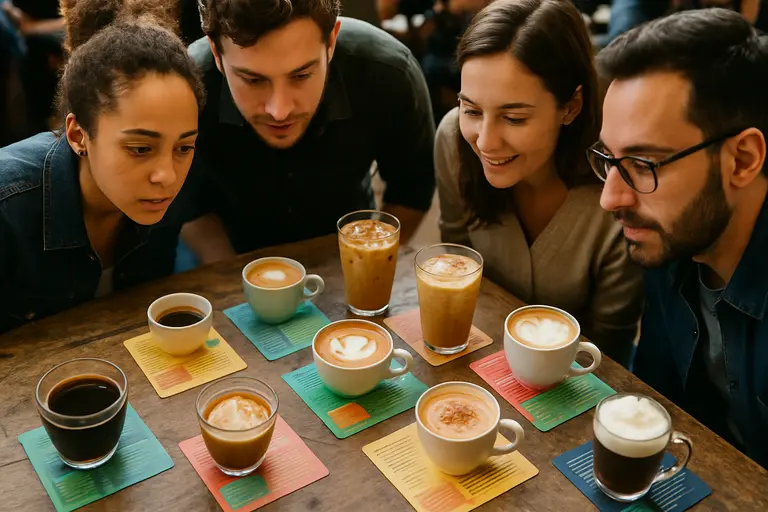 Customer reading a café menu beside a latte and pastry